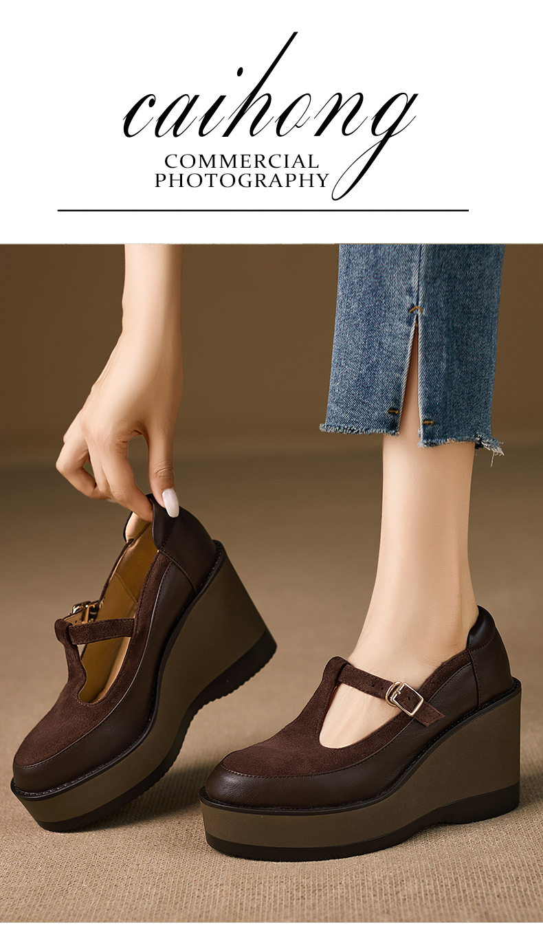 Giày Mary Jane nữ đế xuồng gót cao 9.5 cm khóa chữ T phối màu retro — nâu chi tiết 1