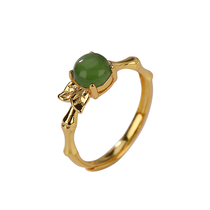 Nhẫn bạc S925 mạ vàng đính hạt ngọc bích jasper hình lá tre phong cách mục vụ — Kiểu màu bạc