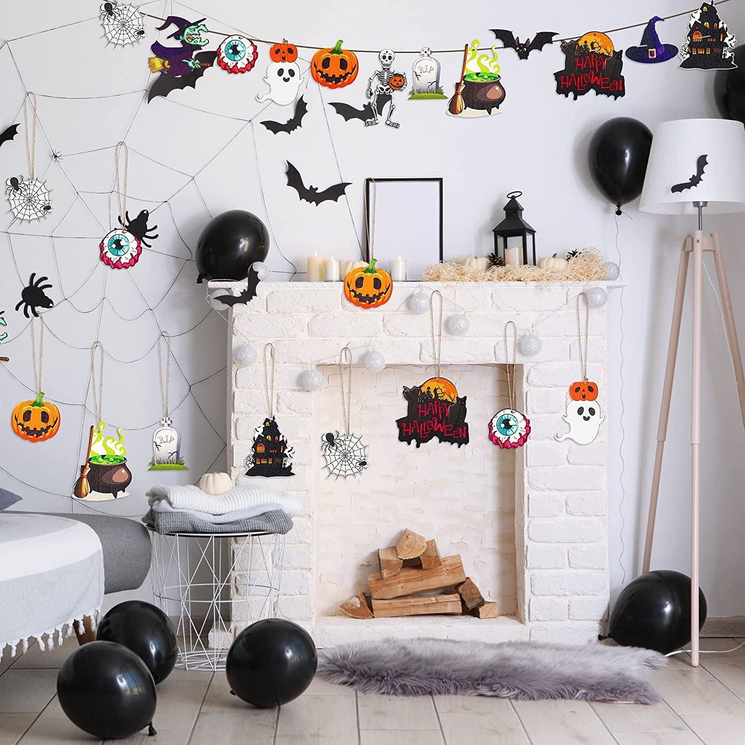 Decoración colgante 36 piezas de Halloween murciélago araña colgante calabaza calavera calavera sombrero fantasma decoración de madera de Halloween