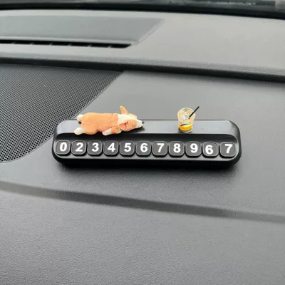 Mini Sleeping Corgi Car Ornaments Creative Car Center Console Decorations Simulated Cute Corgi Parking Signs (Nömrəli dayanma kartı) - large-number-license-plate-black-little-corgi-lemon-tea-free-traceless-glue