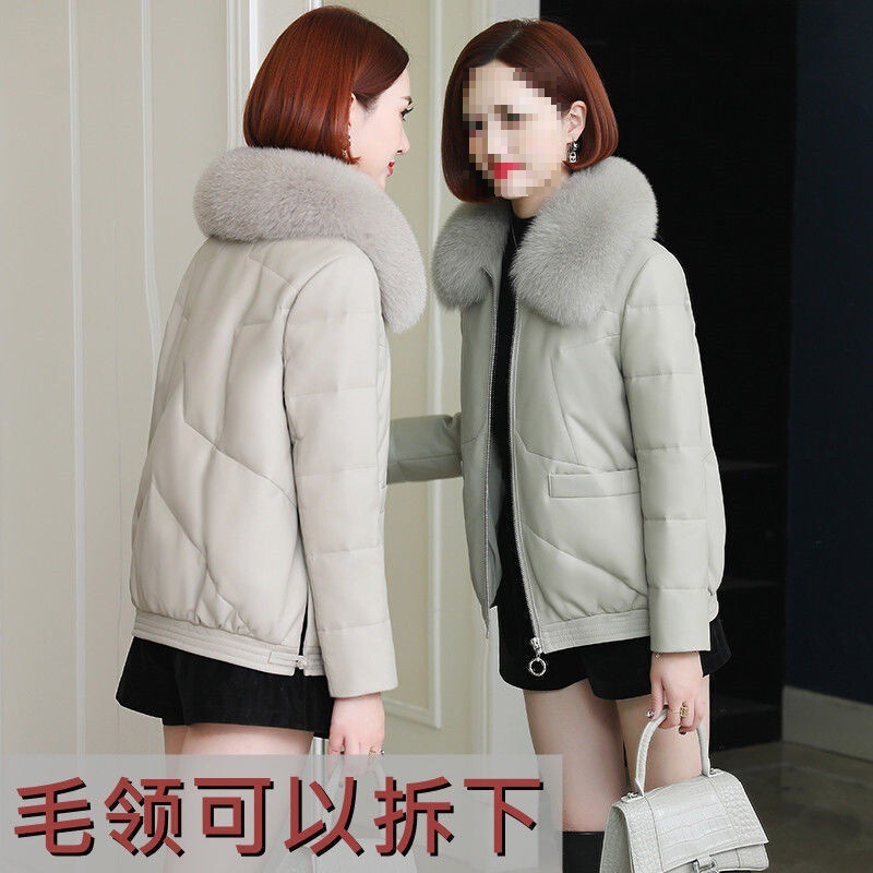 Women's Leather Jacket Haining Short Style New Cotton Coat with Faux Fox Fur Collar, Thickened Leather Jacket, Fashionable Loose Fur Coat