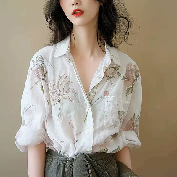 Cold Style High-grade Printed Cotton and Linen Top Mocoque Yuanchuang Light Mature French Niche Linen White Shirt for Summer