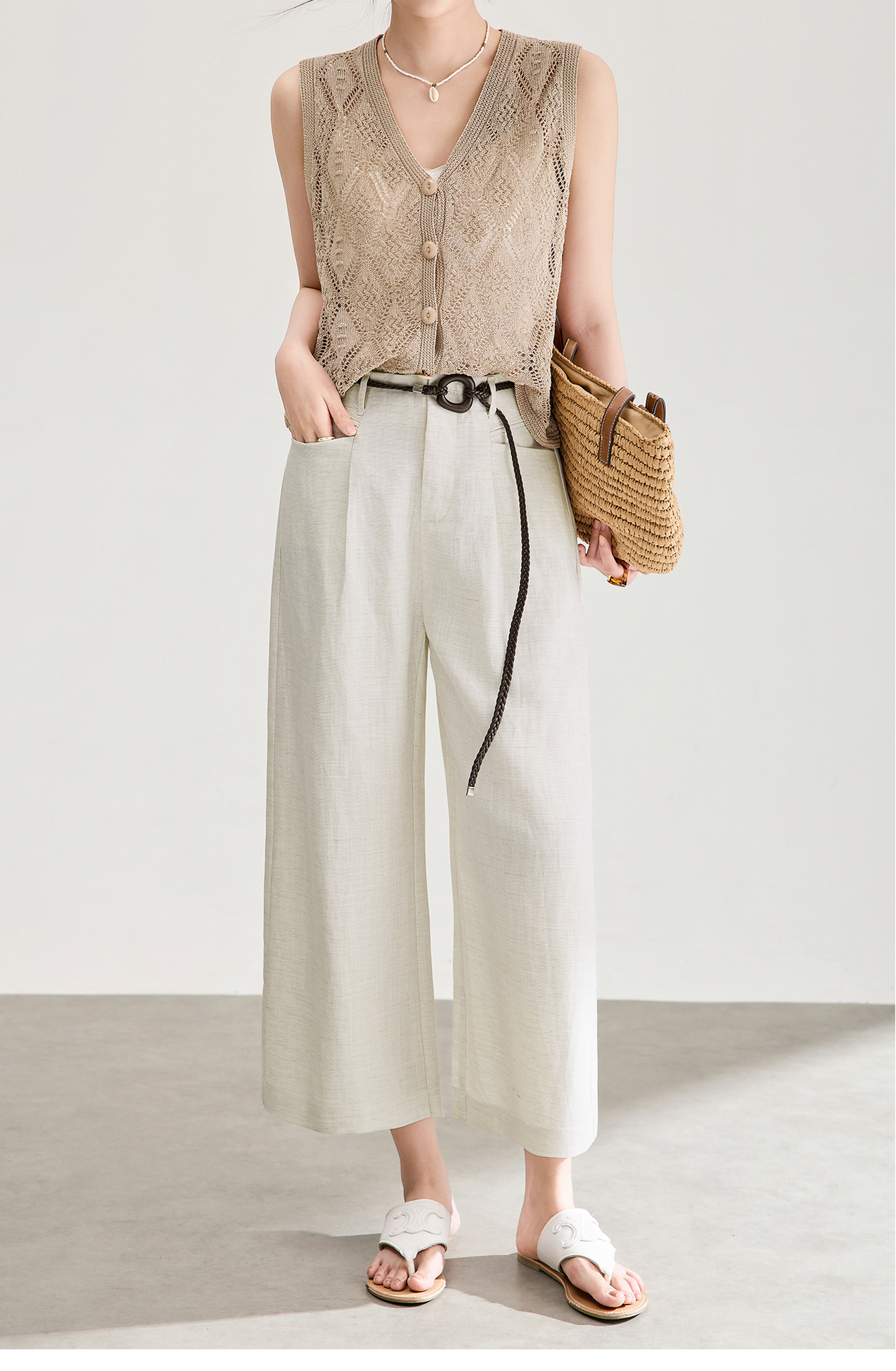 Quần culottes nữ ống rộng chất liệu linen phối sợi tencel, cạp cao dáng suông, mặc mùa hè thoáng mát — Xanh lông mòng đen chi tiết 10