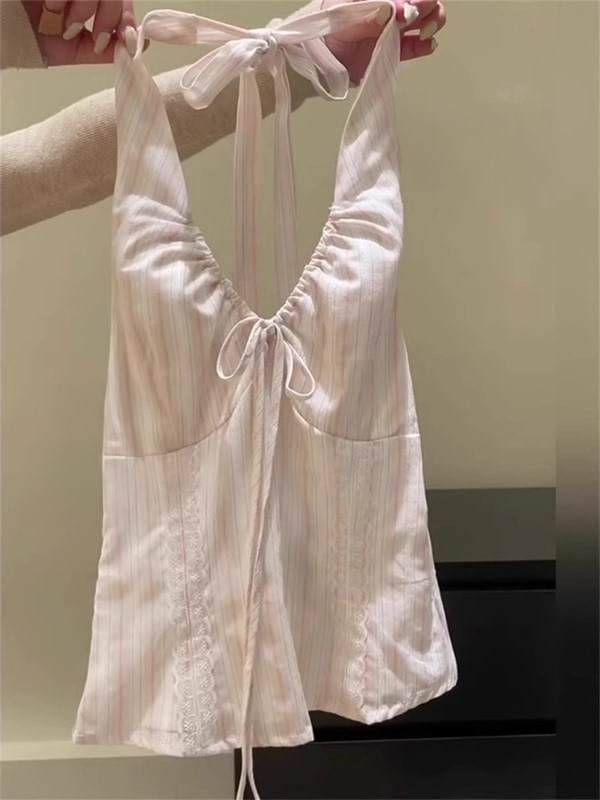 多巴胺粉色系带露背背心女设计感外穿甜辣绝美挂脖小吊带上衣|undefined
