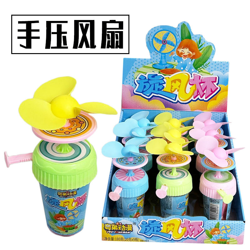 Children's Creative Candy Toys Colorfulful Fruity Vc Straw Sugar Cc Soft Candy Press Rotating Small Fan Wholesale