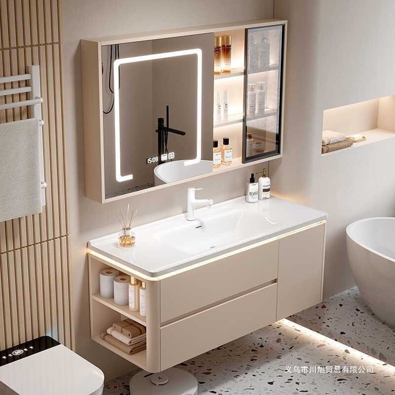 Rounded Corner Ceramic Integrated Basin Bathroom Cabinet, Cream-Style Smart Bathroom Washbasin and Cabinet Combination Rounded Corner Ceramic Integrated Basin Bathroom Cabinet, Cream-Style Smart Bathroom Washbasin and Cabinet Combination