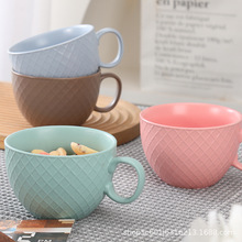 定制logo浮雕大口径汤杯550ML陶瓷杯燕麦早餐杯碗印图案马克杯子