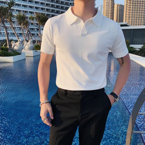 Summer Korean Men's Light Luxury V-Neck Knit Short-Sleeve Polo Shirt Trendy Model Solid Color Fashion Ice Silk Collar Half-Sleeve T-Shirt
