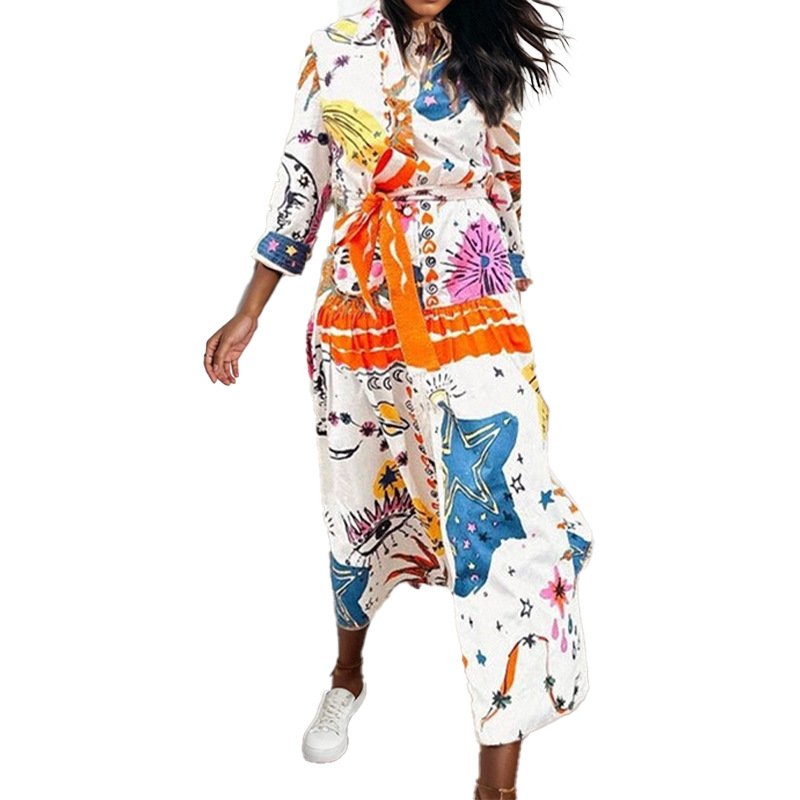 Women's Fashion Quirky Painted Pattern Design Side Slit Printed Long Sleeve Dress_ecoleips.com