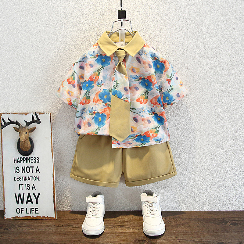 8129 Traje de camisa de manga corta para niños Estilo de verano Estilo de Hong Kong Traje de corbata para niños Camisa de dos piezas Bebé 2025 Verano