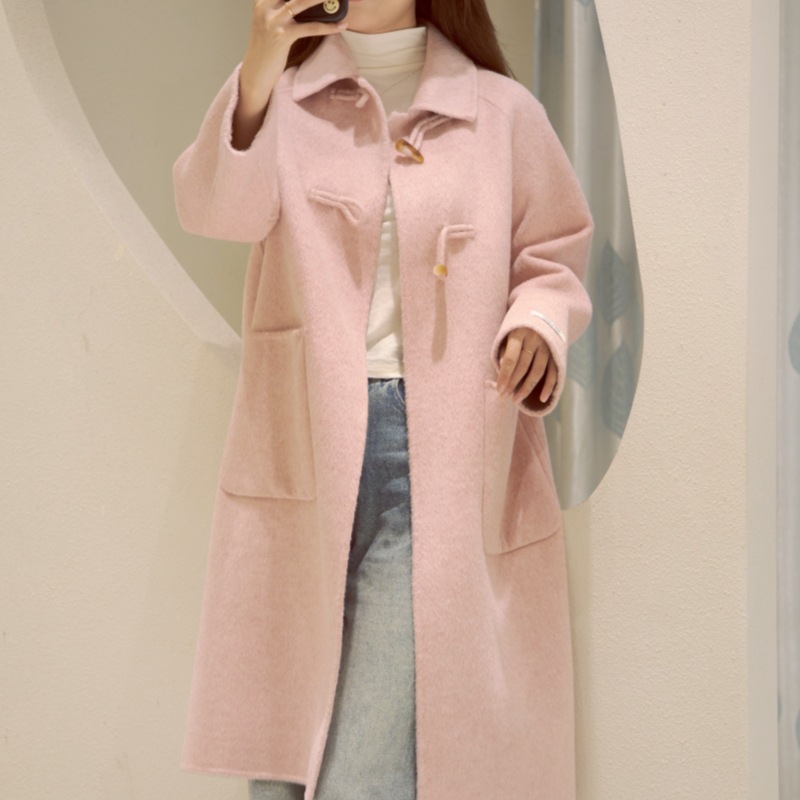 韩版粉色毛呢外套女秋冬显瘦牛角扣双面羊毛大衣高支澳毛羊绒大衣