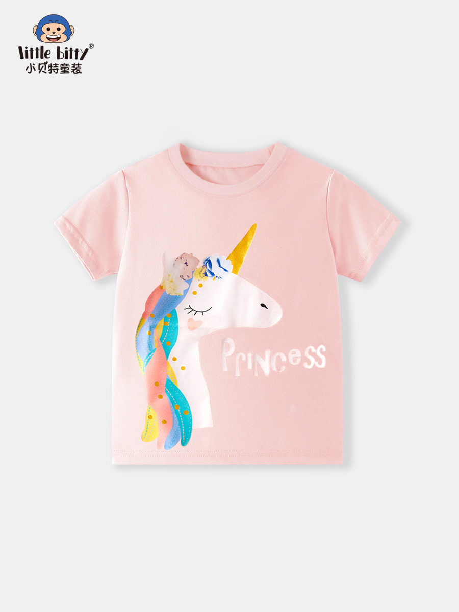 Cross-Border Girls' Short-Sleeved T-Shirt with Cartoon Unicorn Print, Casual Sports Top, Source Factory, Ready Stock Wholesale
