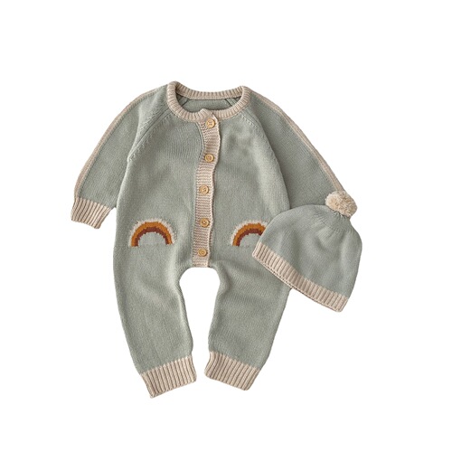 ins Korean version super cute newborn baby romper baby knitted jumpsuit rainbow sweater comes with hat