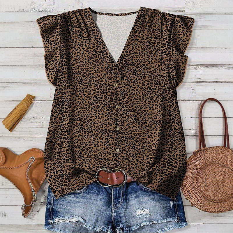 Exclusively for cross-border European and American women's fashion, casual simple brown leopard print women's shirt, simple style suitable for summer Exclusively for cross-border European and American women's fashion, casual simple brown leopard print women's shirt, simple style suitable for summer