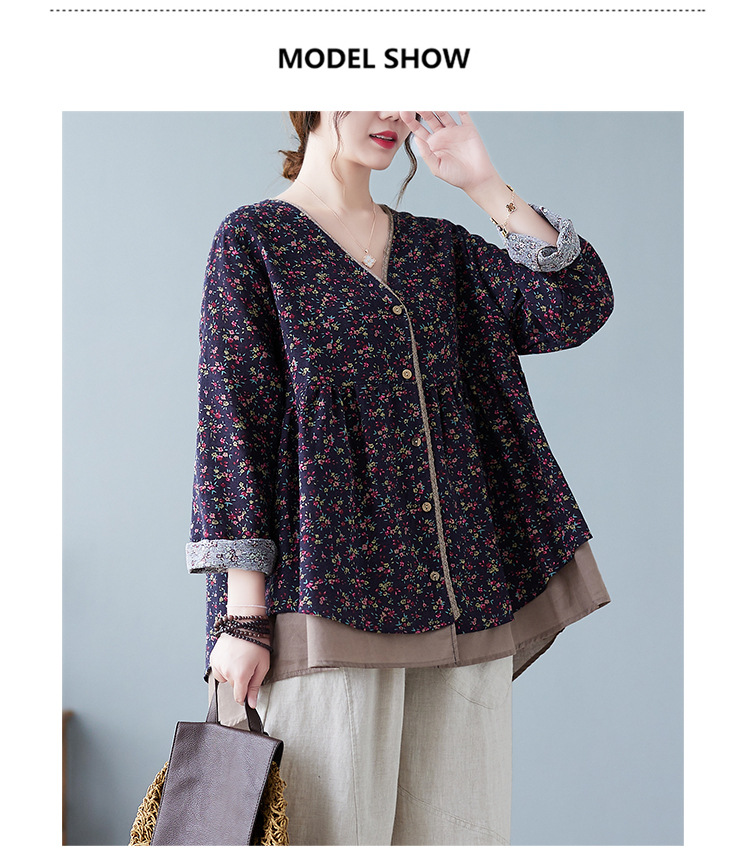 350g Weight Long Sleeve Sleeve Length Single Breasted Placket Type Regular Sleeve Sleeve Type Printing, Cotton and Linen, Hemp Fabric Type Ordinary Model (50cm <Length ≤ 65cm) Top Length Fake two-piece set, Shirt Tops Type V Neck Neckline Loose Fit Type Floral Pattern Temperament Commuter, Commute style Style Printing Craft Autumn 2025 Women's Floral V-neck Open Cardigan Fake Two-Piece Loose Cotton Linen Plus Size Shirt Elegant Commute Style 4