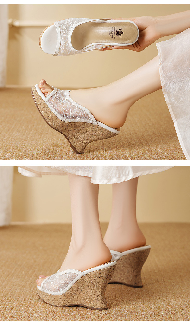 Sandal cao gót nữ mũi hở phối ren lưới trắng, đế xuồng platform thoải mái — màu trắng, màu mơ chi tiết 5