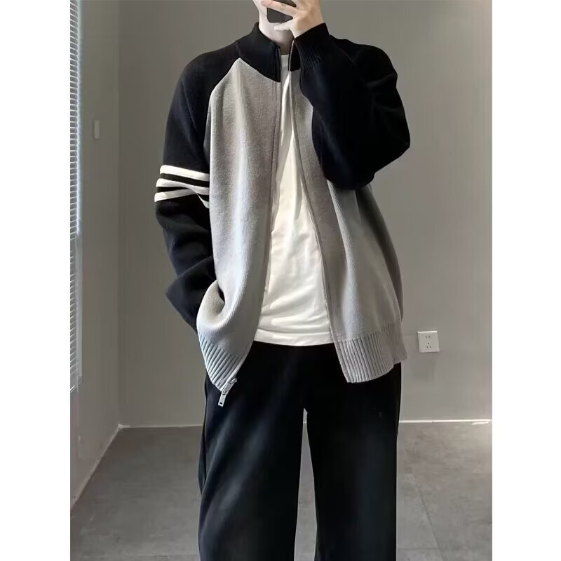 Cardigan Sweater Men's Spring and Autum 2025 Trendy Brand Stand-Up Collar Contrasting Color Knitted Jacket Boys Casual Woolen Clothes Winter Clothing