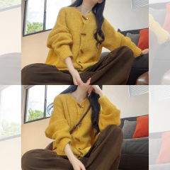 黄色牛角毛衣外套女5秋季新高级感洋气减龄软糯针织衫外套