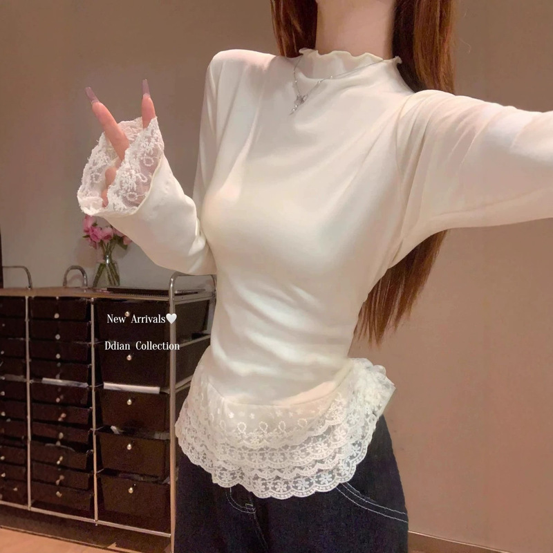 Miu-Style Lace Ruffle Half-High Collar Thermal Base Shirt for Women, Suitable for Spring, Autumn, and Winter, Pure Desire Inner Wear T-Shirt, Student Top Miu-Style Lace Ruffle Half-High Collar Thermal Base Shirt for Women, Suitable for Spring, Autumn, and Winter, Pure Desire Inner Wear T-Shirt, Student Top
