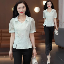 新中式短袖雪纺衫女国风盘扣上衣2024夏季新款小个子轻薄品牌小衫