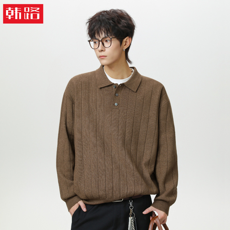 Mature Style Textured Lapel Sweater for Men, Autumn and Winter Solid Color Polo Knitwear, Vintage Thickened Long-Sleeve T-Shirt Q