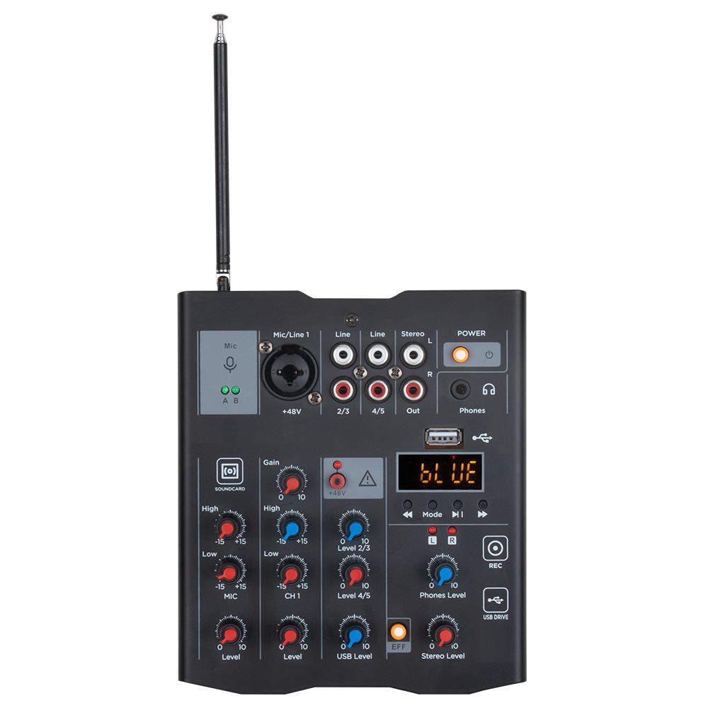 Pequeño MEZCLADOR DE MICRÓFONO INALÁMBRICO todo-en-uno de 4 vías de la computadora tarjeta de sonido de la guitarra efecto Bluetooth