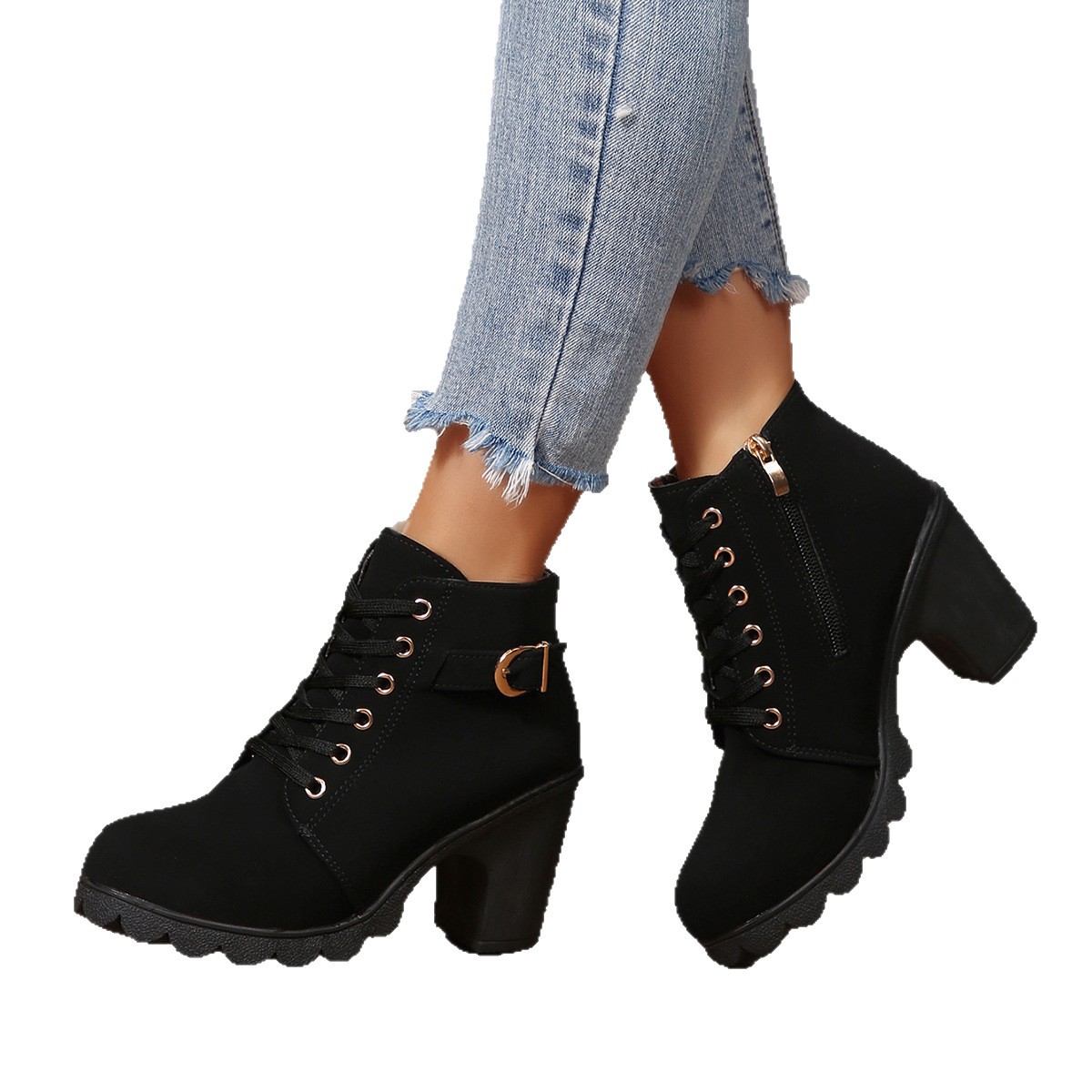 ShoeVault Women's Leather Low-Cut Chunky Round Toe High Heel Lace-Up Brown Ankle Boots Spring Autumn Plus Size Height Increasing_vogvips.com