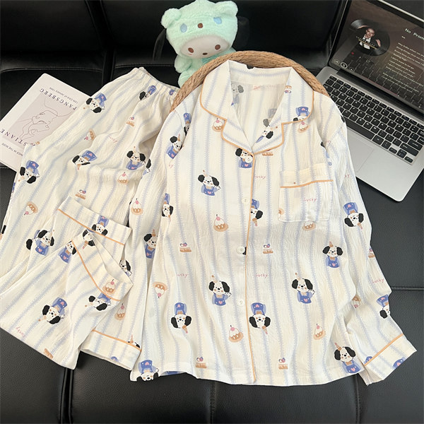 Al por mayor transfronterizo 2026 nuevo pijama de mujer nubes de algodón pantalones de manga larga cardigan con solapa de dibujos animados ropa para el hogar se puede usar fuera