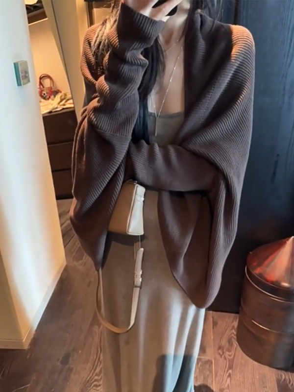 槿一 绵羊毛混纺蝙蝠袖慵懒风气质针织开衫女秋季百搭休闲外套潮|undefined