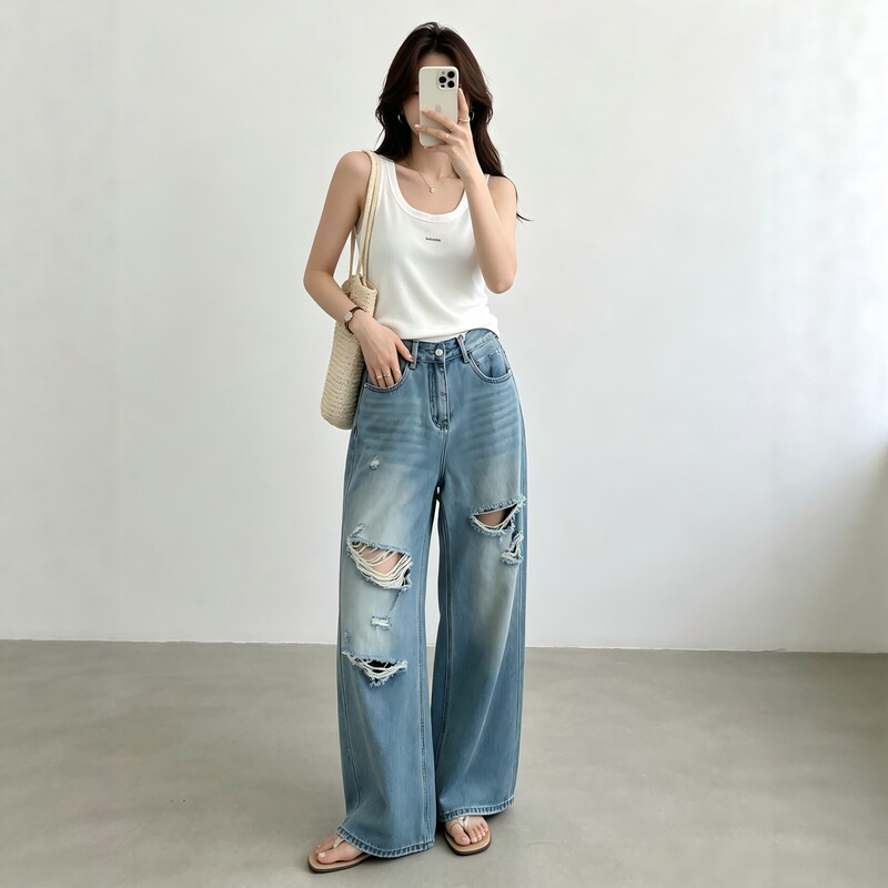 Vintage Ripped Wide-Leg Jeans for Women, Summer High-Waisted Loose Fit, Slimming Straight-Leg Floor-Length Pants, Trendy Vintage Ripped Wide-Leg Jeans for Women, Summer High-Waisted Loose Fit, Slimming Straight-Leg Floor-Length Pants, Trendy