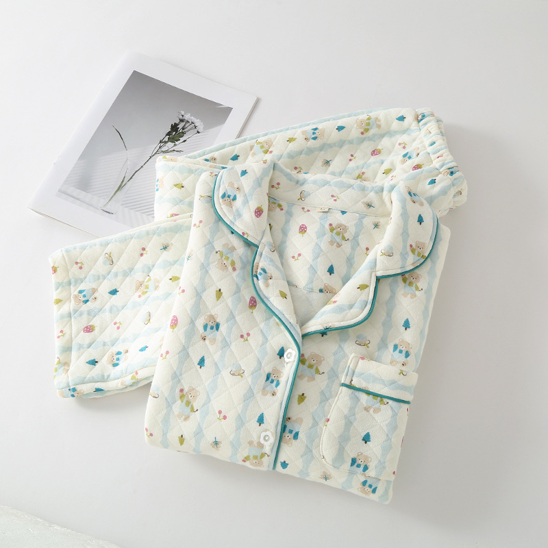 Autumn and winter women's cotton three-layer air cotton sandwich long sleeve pajamas cotton warm sweet home clothes suit pajamas