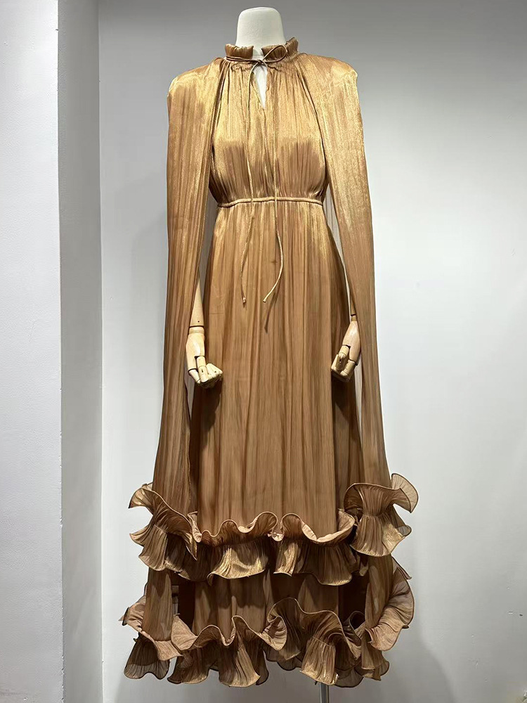 ​​Opern-Cape-Kleid – Doppellagiger Rüschenbesatz und Empire-Taille (Marineblau/Rouge/Schokolade, Polyestermischung, fließende A-Linien-Silhouette für majestätische Präsenz)​​_voghion.com