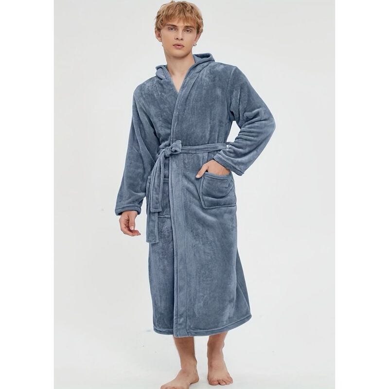 Flannel Men's Soft Fleece Robe Long Sleeve Adjustable Belt Hooded Design Pocket Bathrobe Flannel Men's Soft Fleece Robe Long Sleeve Adjustable Belt Hooded Design Pocket Bathrobe