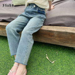 YOJIA Girls' Denim Spring and Autumn Style 2024 New Arrival Korean Version Vape Pipe Pants Spring and Summer Children's Casual Pants