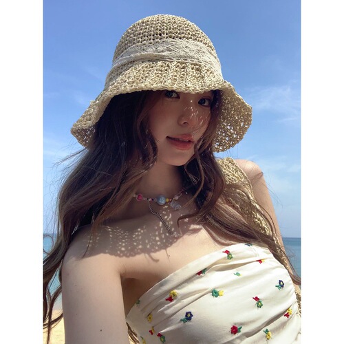 Bowknot Lace Fringe Straw Hat Women's Beach Resort Hollowed Out Wide Brim Sunscreen Sunshade Fisherman's Cap Bucket Hat 