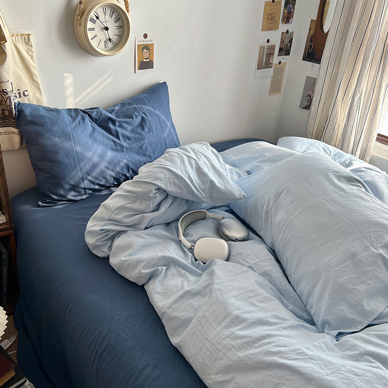 Class A Simple Solid Color Washed Cotton Four-Piece Single/Double Student Dormitory Quilt Cover Bed Sheet Three-Piece_voghion.com
