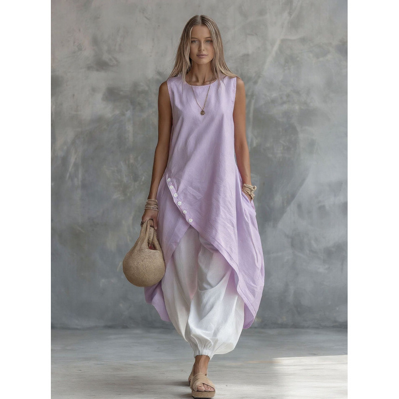 European and American Cross-Border 2026 New Amazon Irregular Solid Color Sleeveless Loose Pocket Top and White Pants Set European and American Cross-Border 2026 New Amazon Irregular Solid Color Sleeveless Loose Pocket Top and White Pants Set