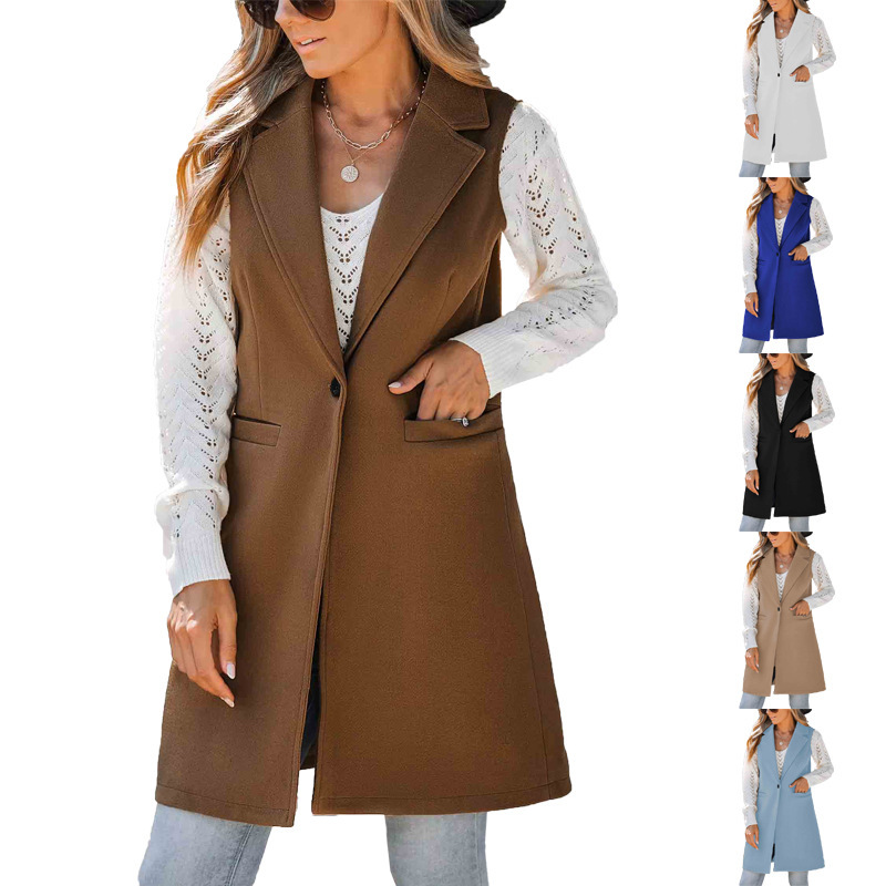 2026 New European and American Style Independent Site Amazon Autumn and Winter Simple Vest with Lapel Buttons Sleeveless Woolen Coat for Women