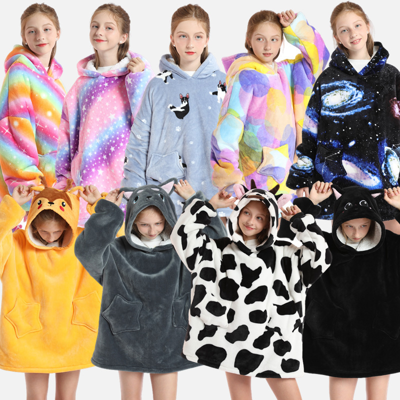 New European and American Style Multifunctional Flannel Sweatshirt Tv Children's Hooded Lazy Home Thickened Cold-Proof Warm Pajamas