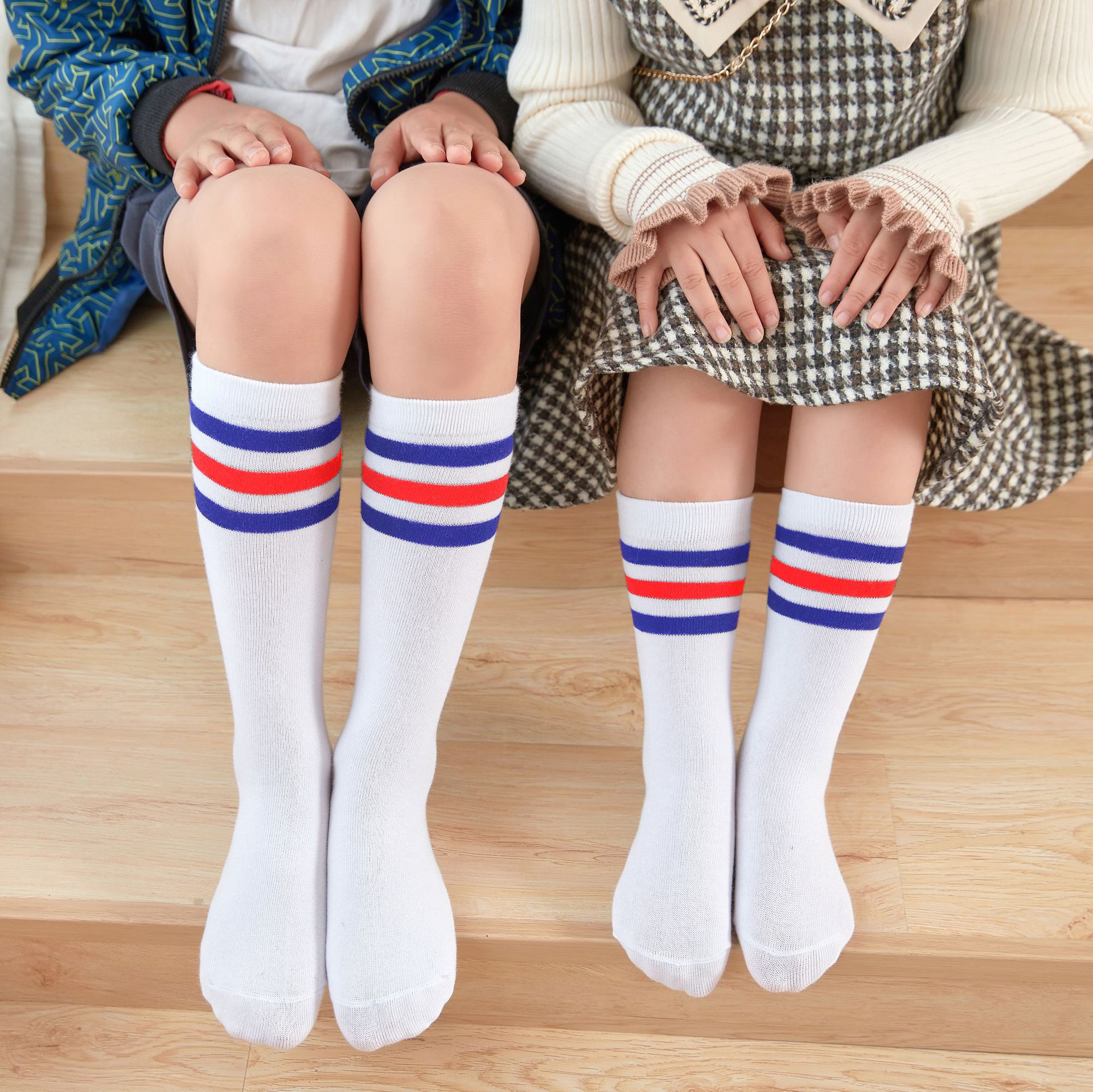 세 줄무늬 어린이용 긴 양말, 학생용 남녀공용 중간 길이 양말, 성인용 스포츠 축구용 무릎 위 양말, 중간 길이 양말