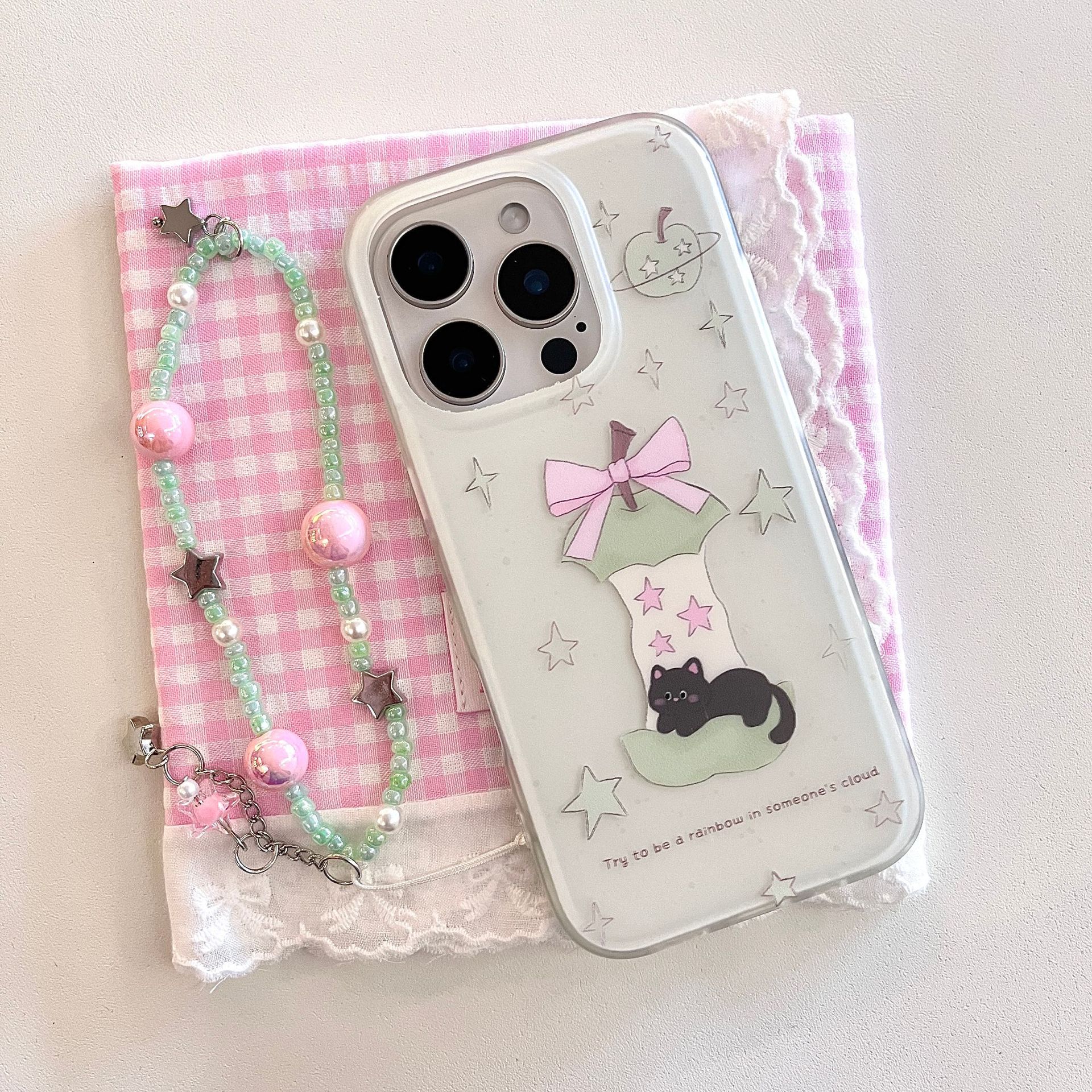 Coreano pequeña estrella fresca manzana núcleo gato negro para Apple 16ProMax funda para teléfono móvil cadena 15Pro 14/13