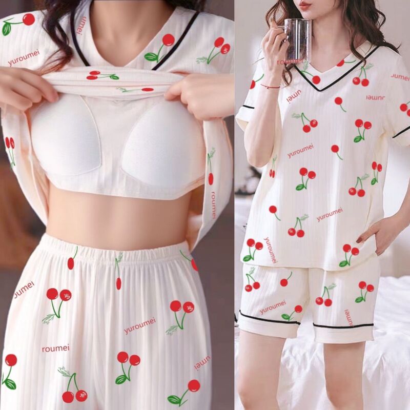 Pajamas with Breast Pads, Spring and Autumn Women's Short-Sleeved Shorts, Loose Princess Style, Suitable for Going Out, Home Wear, Girly Style