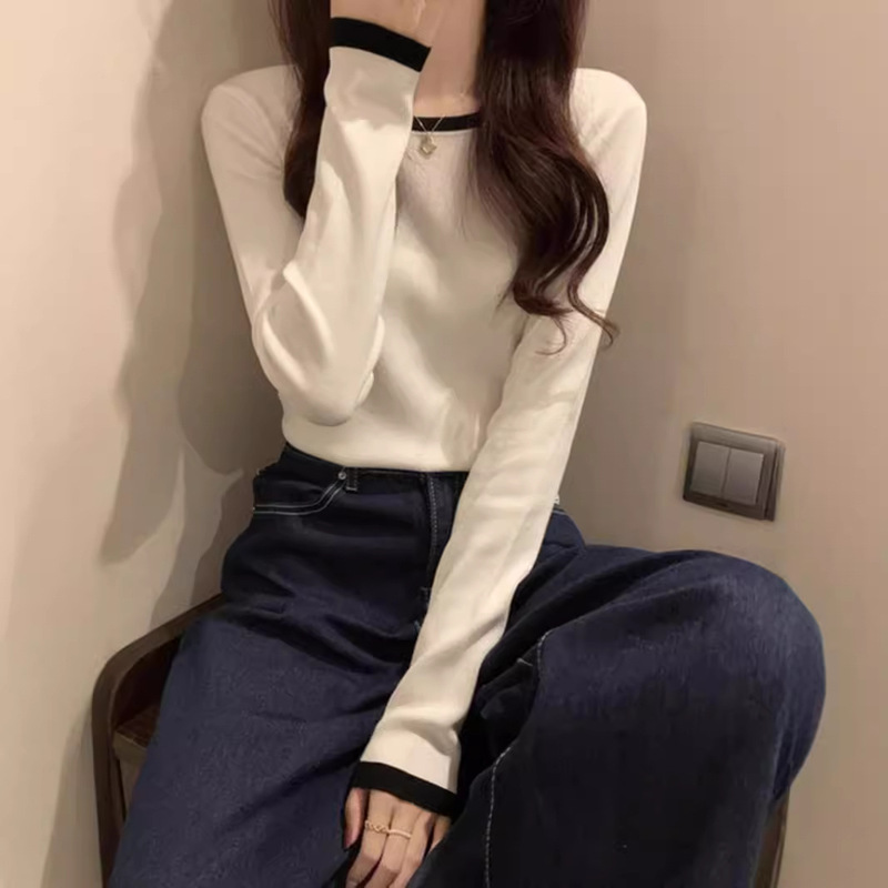 Contrast Color Slim-fit Long-sleeved Shoulder T-shirt Women's Spring and Autumn All-match Base Shirt Suit Windbreaker Inner Design Top