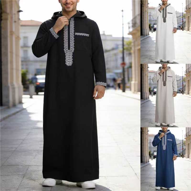 Cross-Border New Style Hooded Embroidered Long-Sleeved Robe, Long Men's Shirt, Ethnic Traditional Clothing, Men's Loose Robe