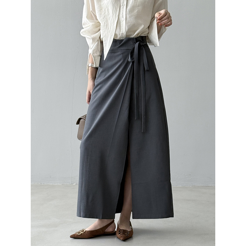 言双 侧腰系带西装半身裙女 秋季设计感高腰开叉a字包臀长裙9818