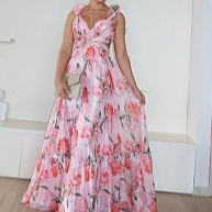 European and American Cross-Border Export New Fashion Printed Back Strap Dress with Exposed Waist Lace Slim Fit Long Skirt