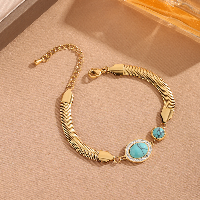 Pulsera de acero de titanio de estilo europeo y americano turquesa con diamantes incrustados ronda ovalada Árbol de la vida ojos amplia serpiente hueso redondo marca serie pulsera