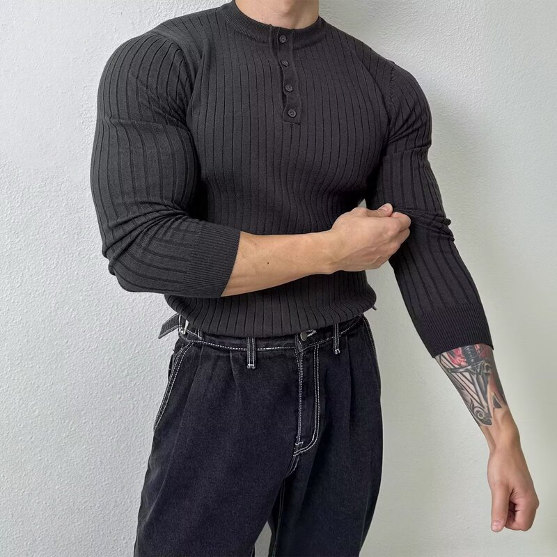 Henry Collar Long-Sleeved Knitwear Men's Spring New American High-End Muscular Men's Fitness Versatile Slim T-Shirt Henry Collar Long-Sleeved Knitwear Men's Spring New American High-End Muscular Men's Fitness Versatile Slim T-Shirt