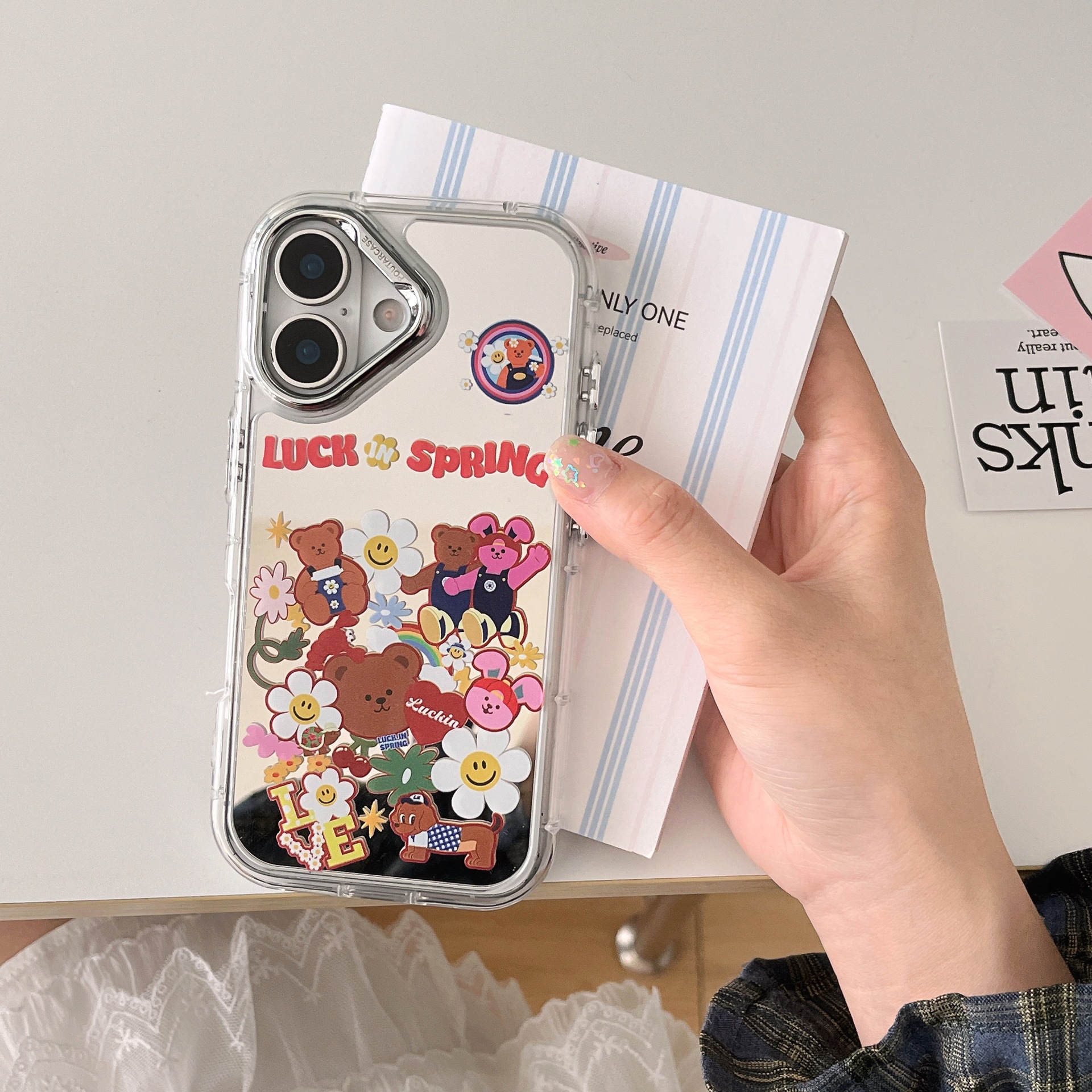 Espejo de dibujos animados lindo girasol para Apple 16ProMax funda para teléfono 15Pro soporte 14/13 femenino 14PM