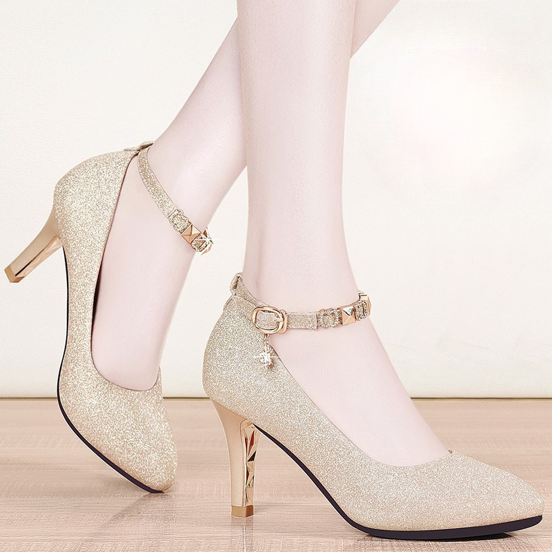 Angel Next Door Shallow High Heels for Women 2025 Single Shoes with Thin Heels, Versatile Mid Heels, Chunky Heels, Spring and Autumn Buckle Strap Pointed Toe Women's Shoes